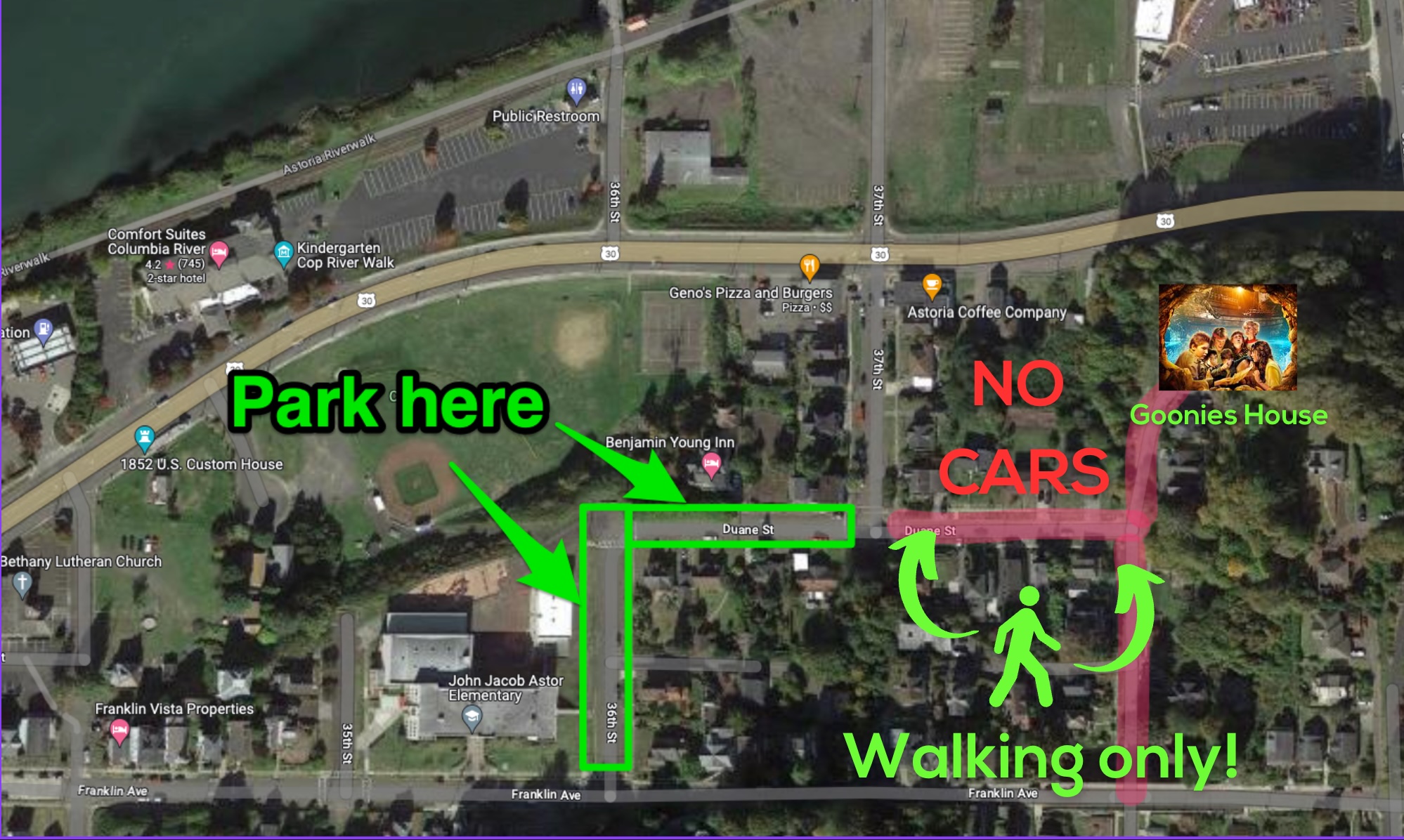Parking map: park along 36th Street and Duane Street near John Jacob Astor Elementary, then walk up to the Goonies House. Streets by the house are walking only, no cars.